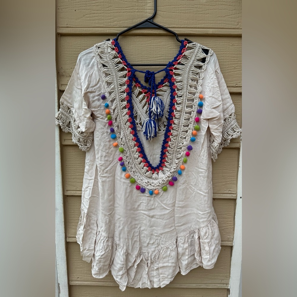 Bell Sleeve Ruffle Hem Beach Coverup One Size Low Back with tassel